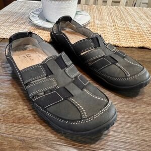 Clarks Haley Stork Fisherman Flat Dark Gray & Black Leather Slip On Shoes 8M